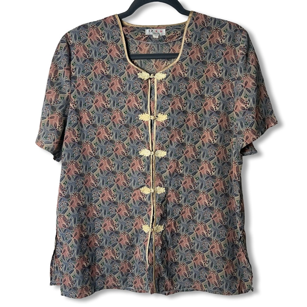 Vintage Shanghai Floral Print Chinese Frog Closure Blouse Grandmacore Sz. XL